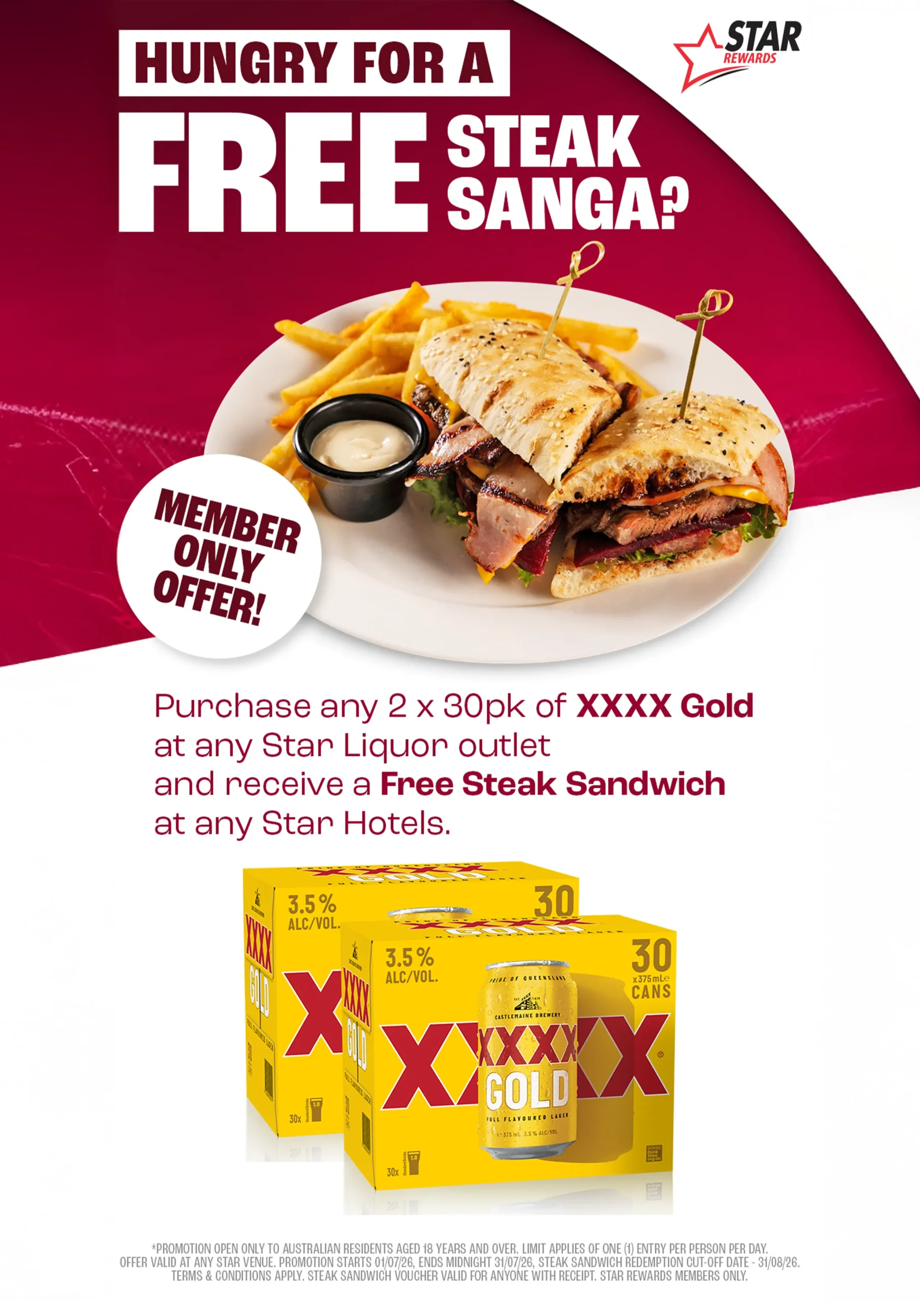 Star Rewards steak sandwich promo with Star Liquor for members this July.